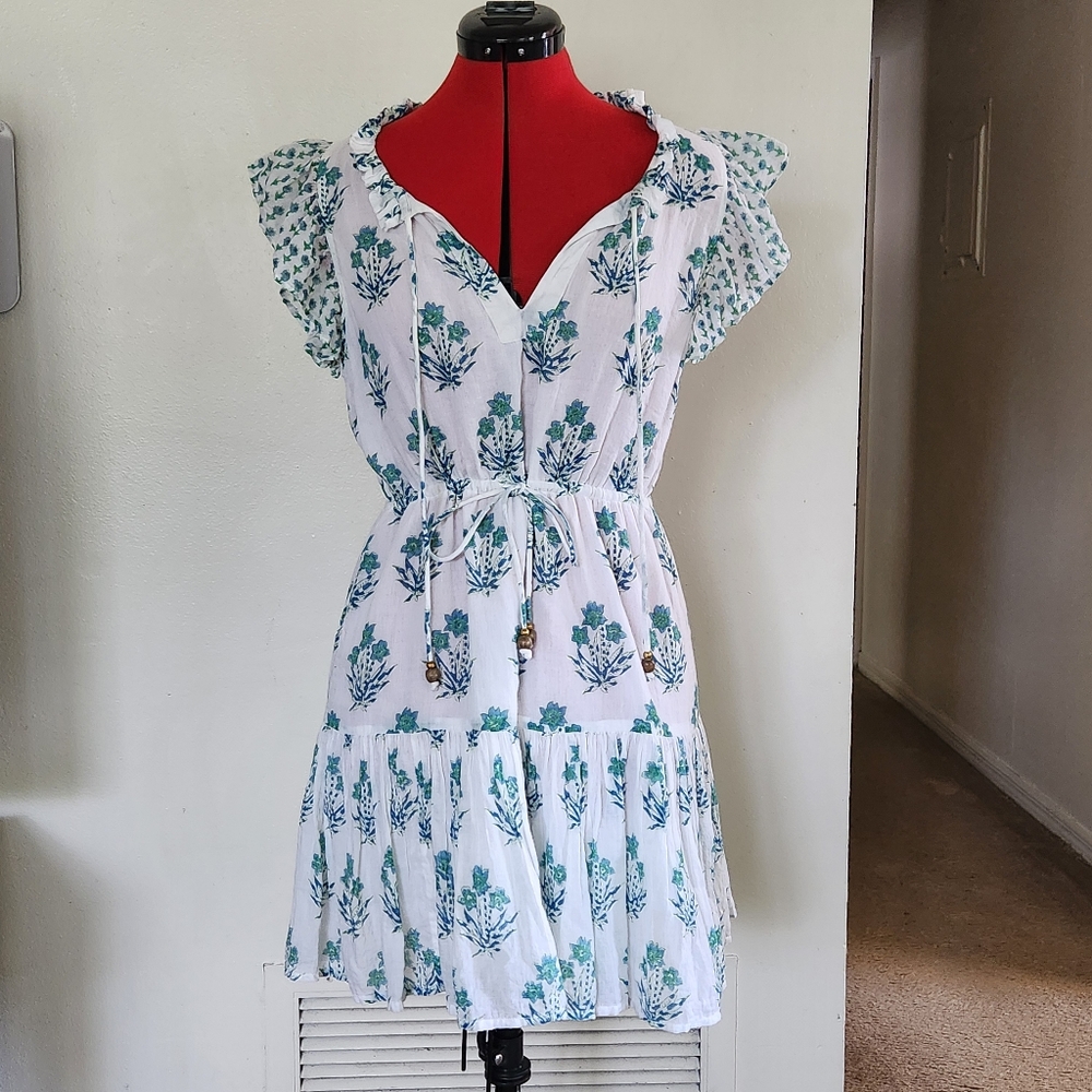Oliphant Floral Print White and Green Dress